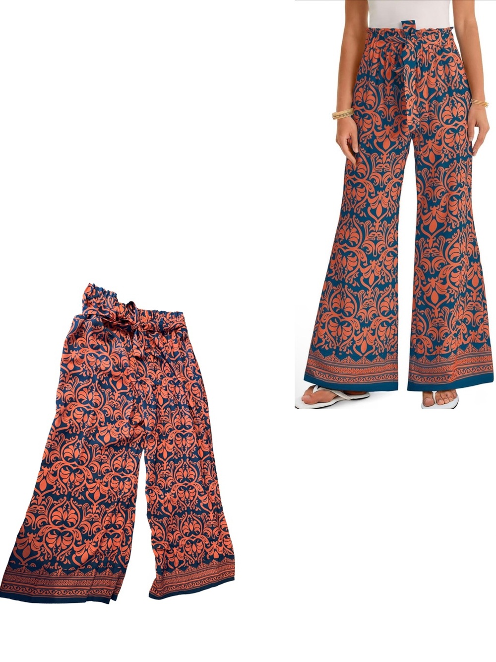 Wide Leg Printed Palazzo Pants - Navy & Coral
